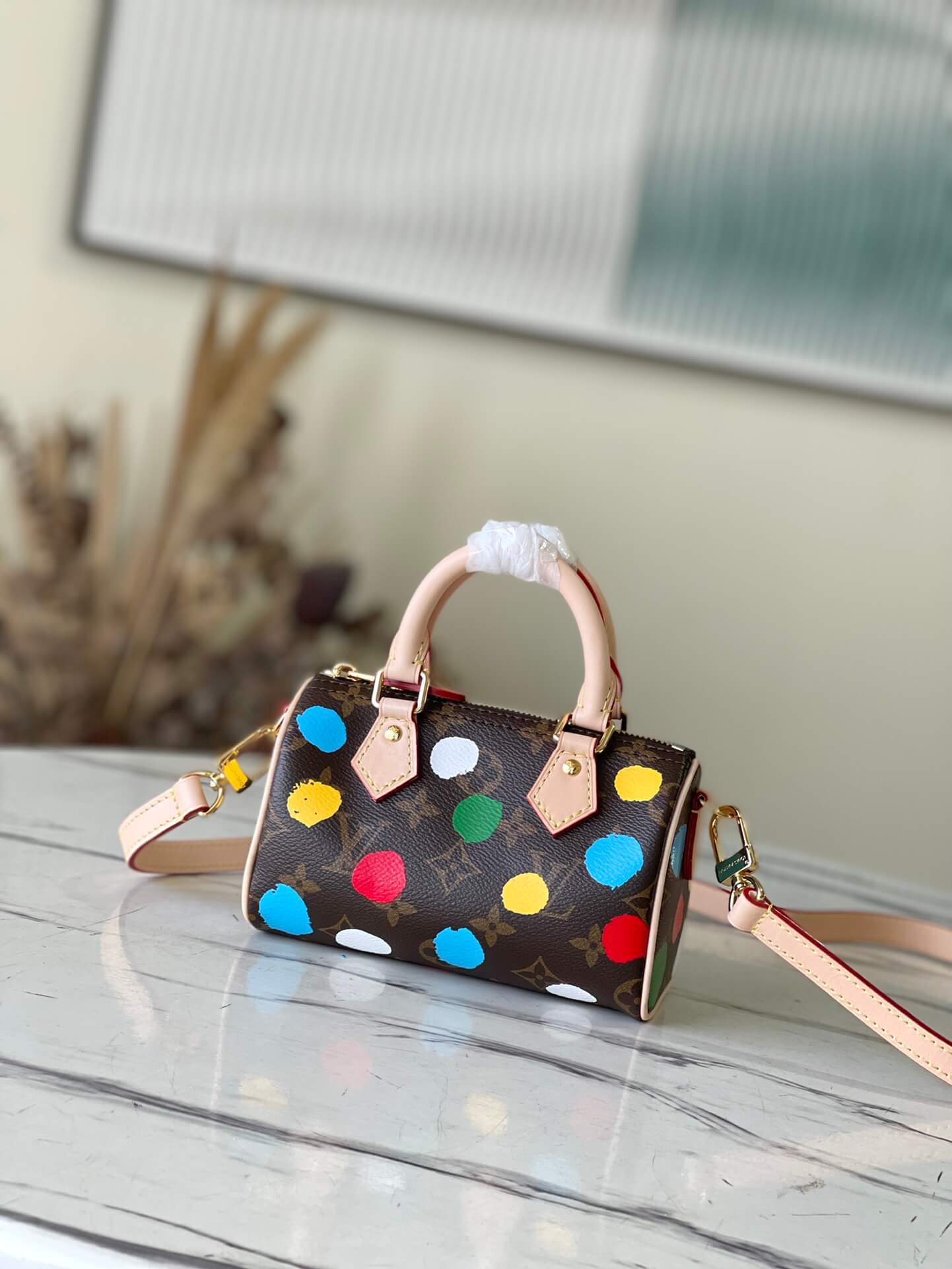 Louis Vuitton Monogram canvas LV x YK Dots print Nano Speedy Shoulder HandBag M81979 Multicolor Red