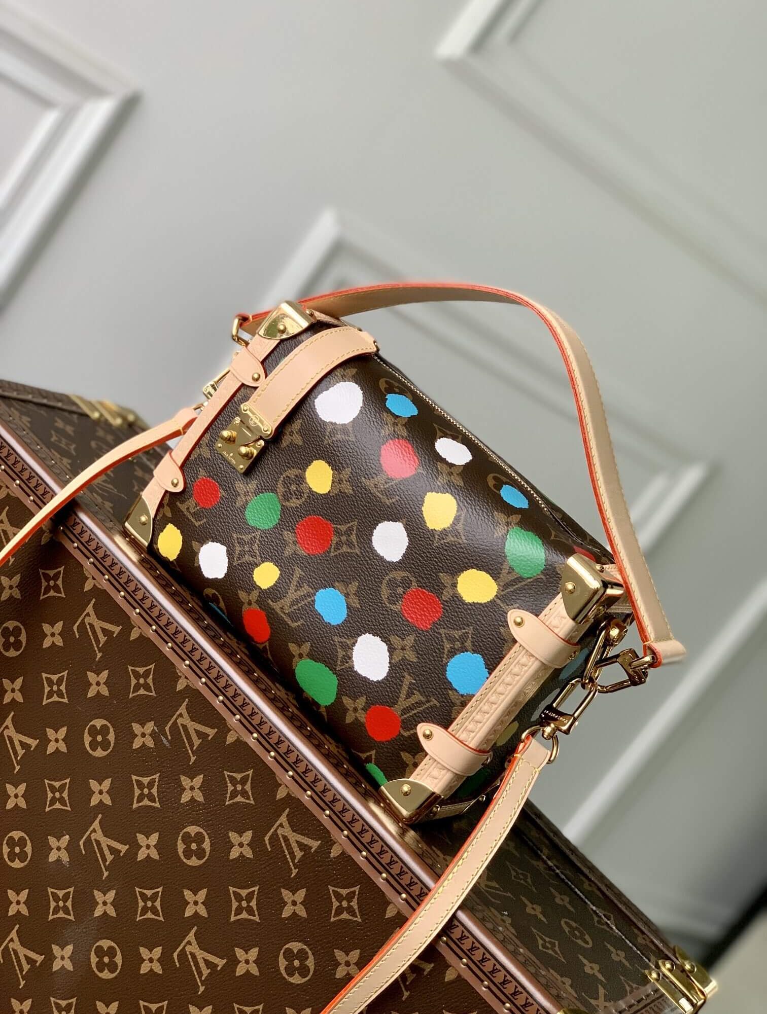 Louis Vuitton Monogram canvas LV x YK Dots print Side Trunk Shoulder Handbag M46396 Multicolor Red