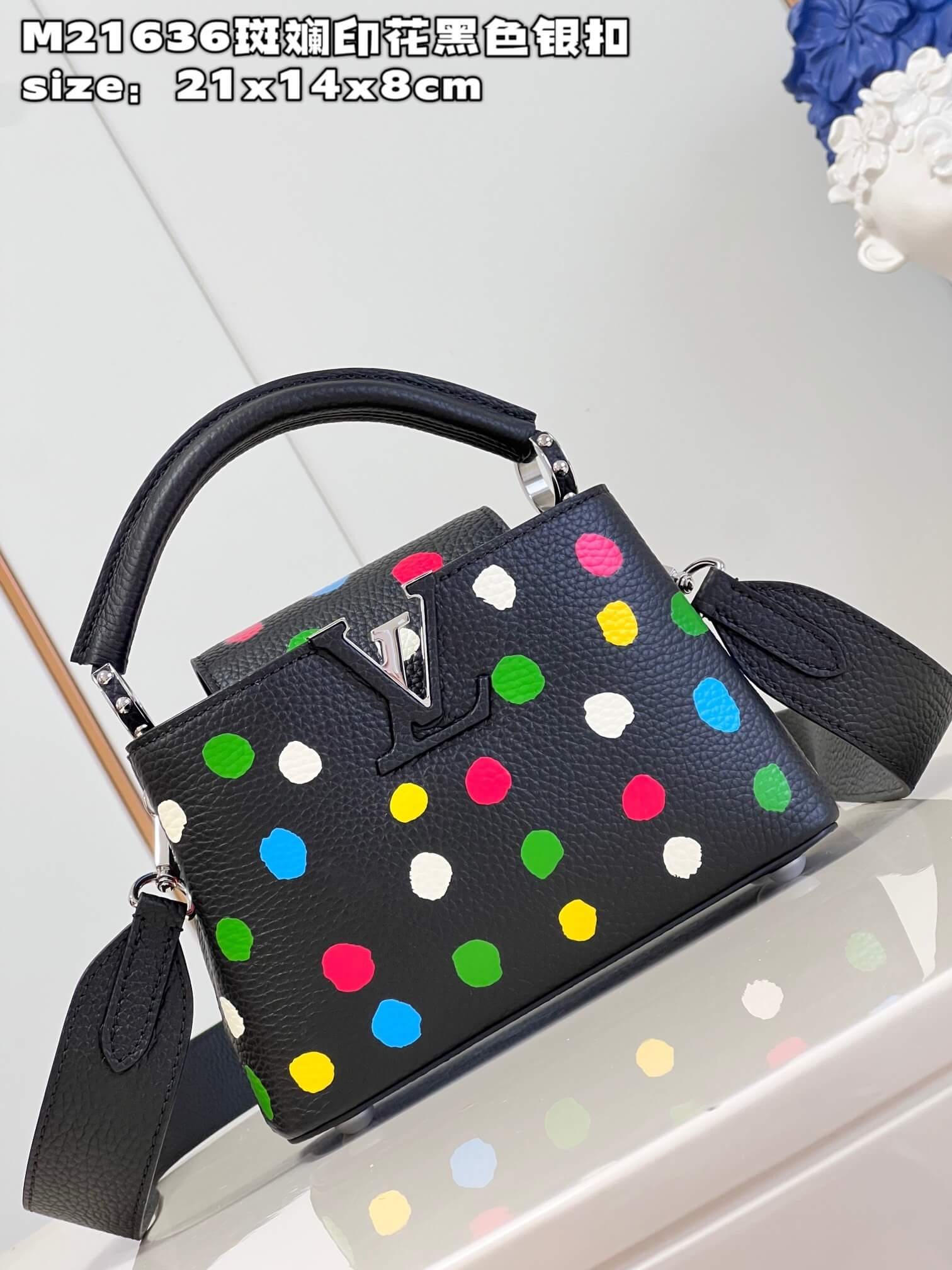 Louis Vuitton Monogram canvas LV x YK Dots print Mini Small Medium Capucines Shoulder Handbag M21636 M21637 M21663 Black - White Multicolor - Image 9
