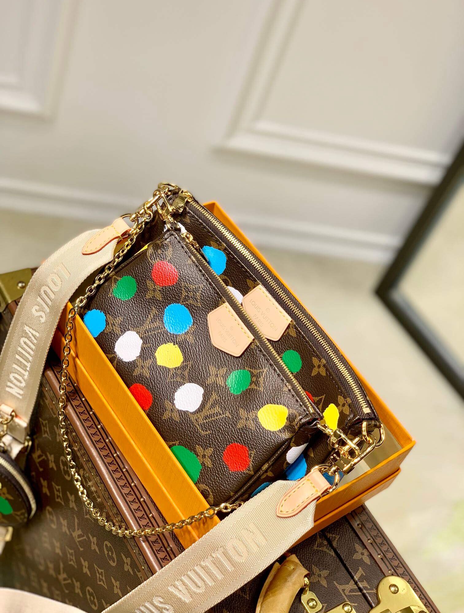 Louis Vuitton Monogram canvas  LV x YK Dots print Multi Pochette Accessoires Handbag M46385 Multicolor Red