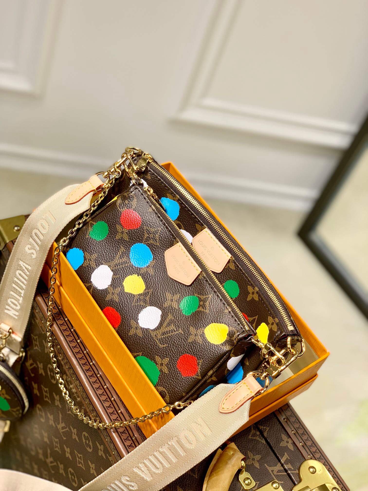 Louis Vuitton Monogram canvas  LV x YK Dots print Multi Pochette Accessoires Handbag M46385 Multicolor Red