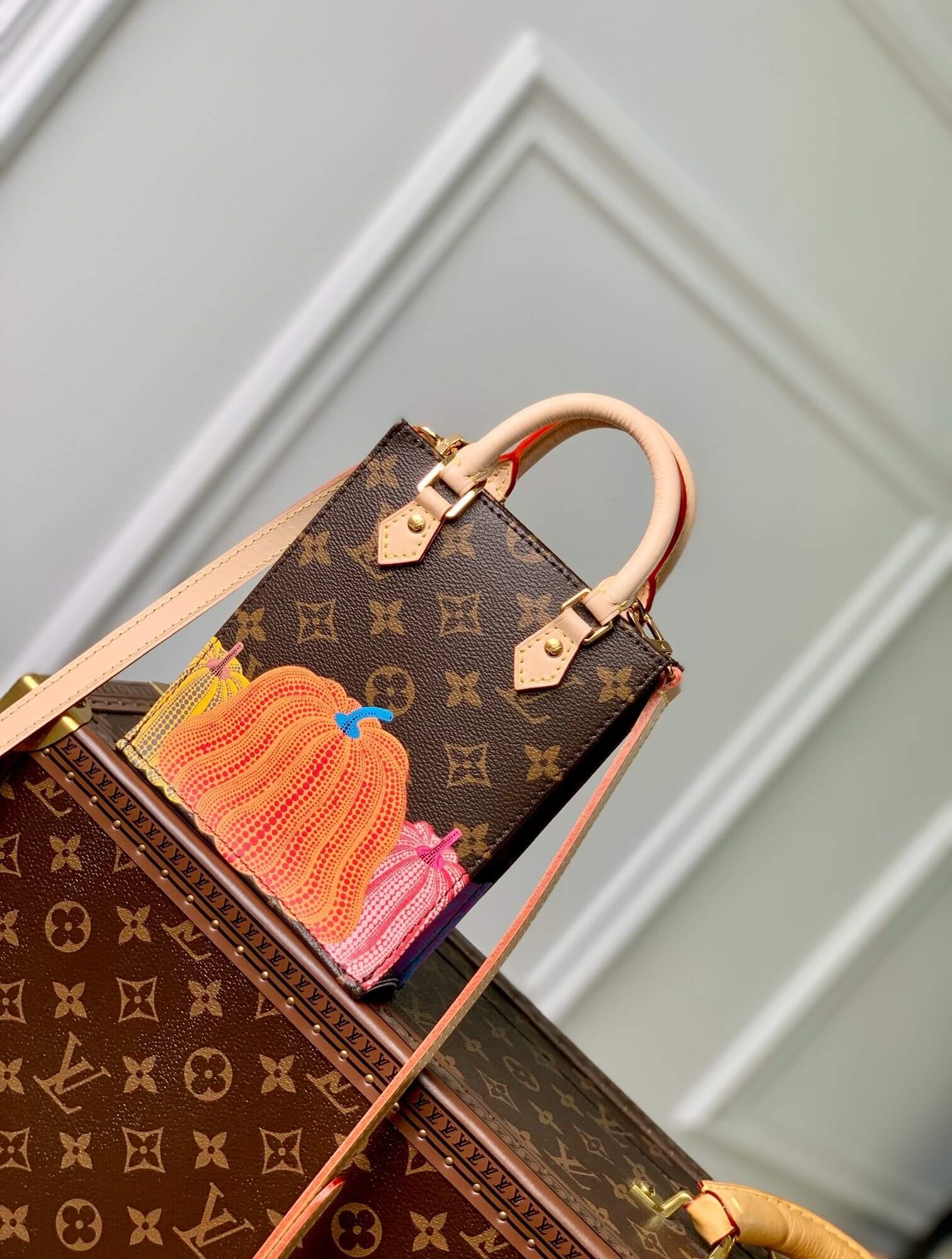 Louis Vuitton Monogram canvas LV x YK Petit Sac Plat Pumpkin Handbag M82112 Brown / Purple