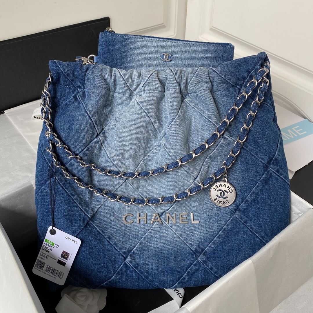 Chanel 22 Washed Denim Shoulder HandBag Blue - Image 10