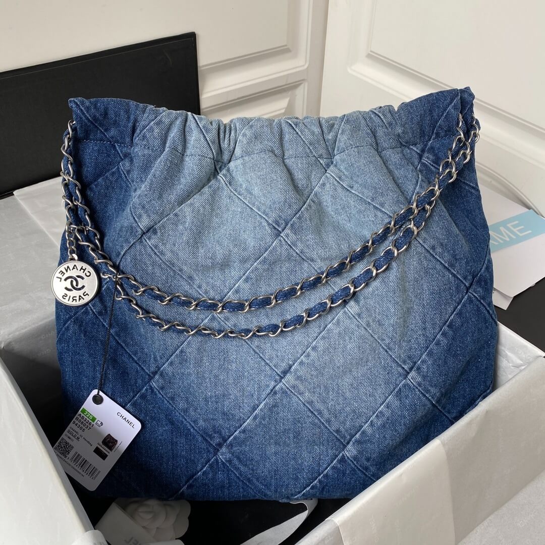 Chanel 22 Washed Denim Shoulder HandBag Blue - Image 11