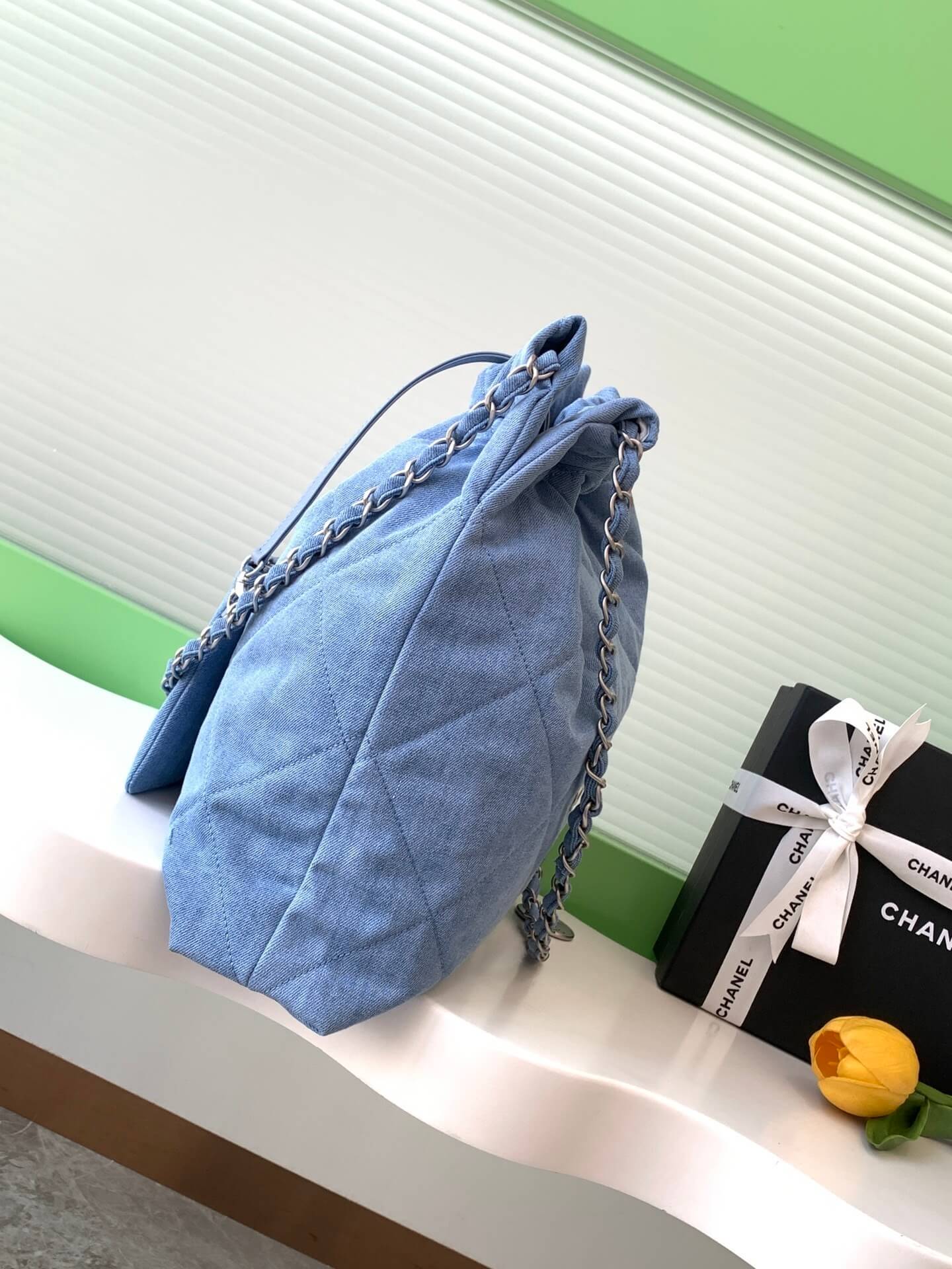 Chanel 22 Washed Denim Shoulder Handbag Blue - Image 26