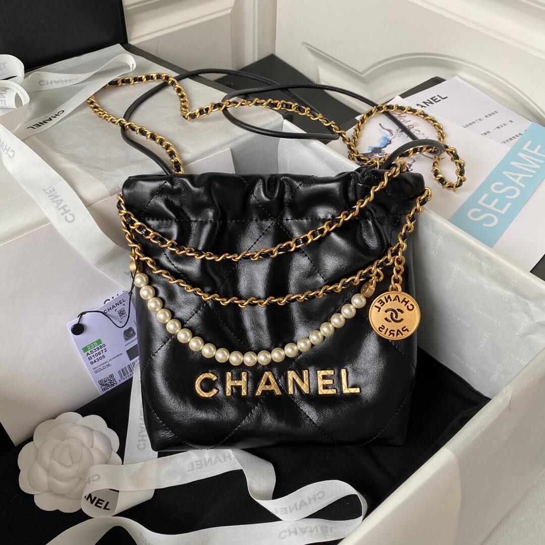 Chanel 22 Mini Shiny Crumpled Calfskin leather Pearl Chain Shoulder Handbag