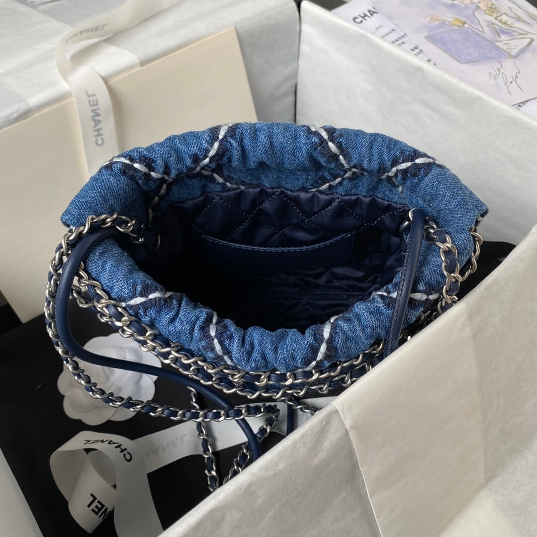 Chanel 22 Washed Denim Shoulder Handbag Blue/White - Image 3