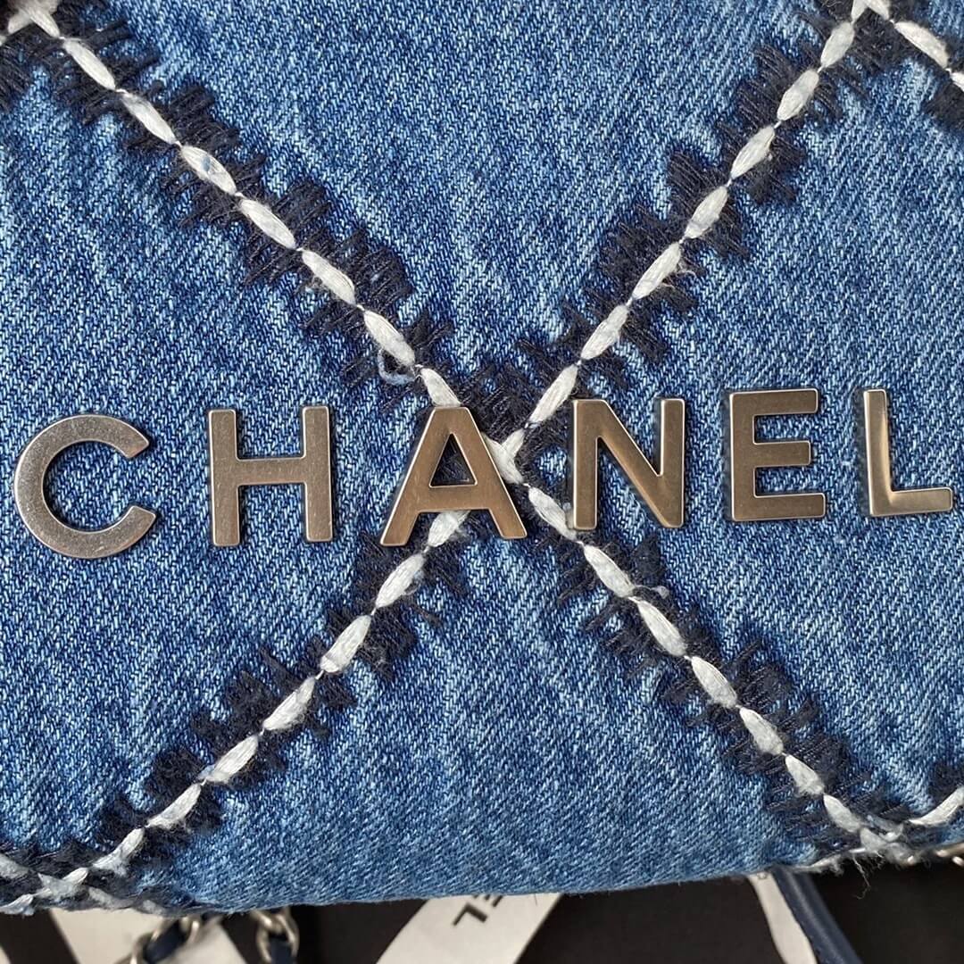 Chanel 22 Washed Denim Shoulder Handbag Blue/White - Image 7