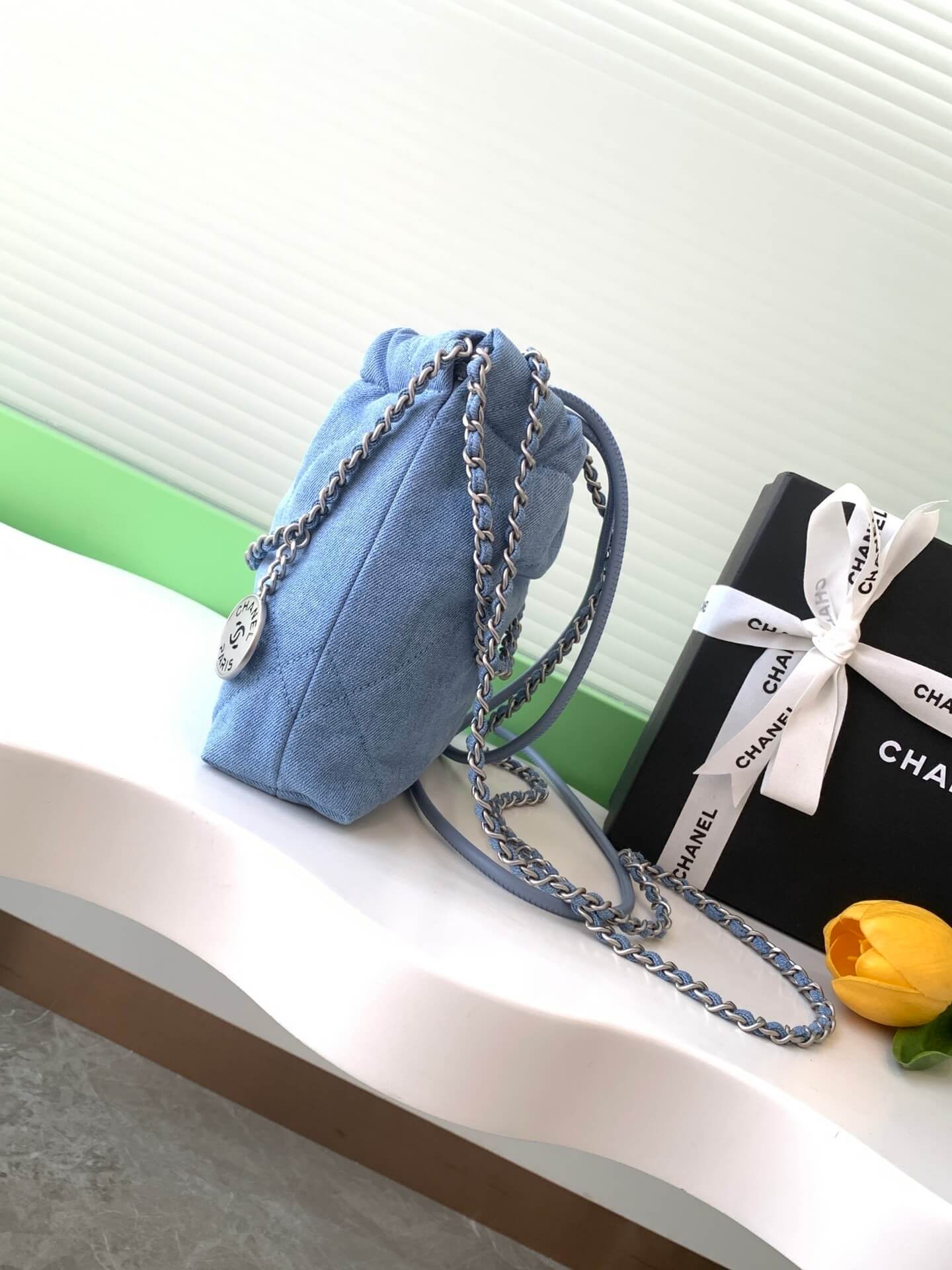 Chanel 22 Washed Denim Shoulder Handbag Blue - Image 8
