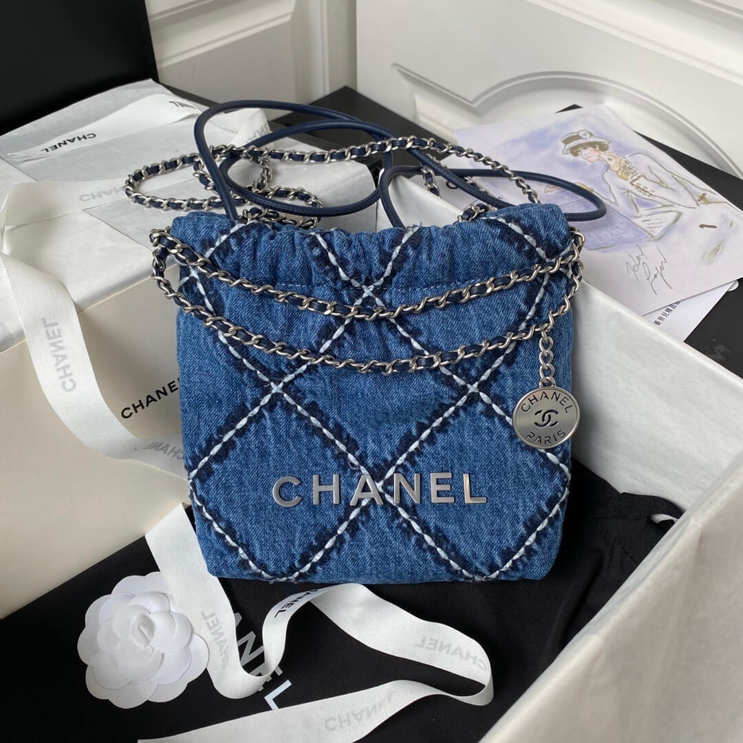 Chanel 22 Washed Denim Shoulder Handbag Blue/White