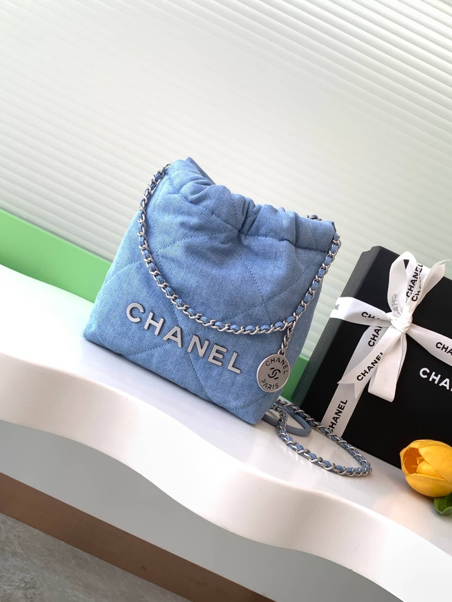Chanel 22 Washed Denim Shoulder Handbag Blue