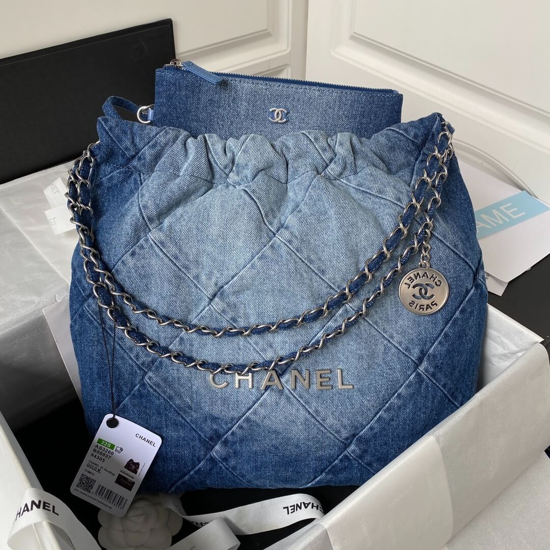 Chanel 22 Washed Denim Shoulder HandBag Blue