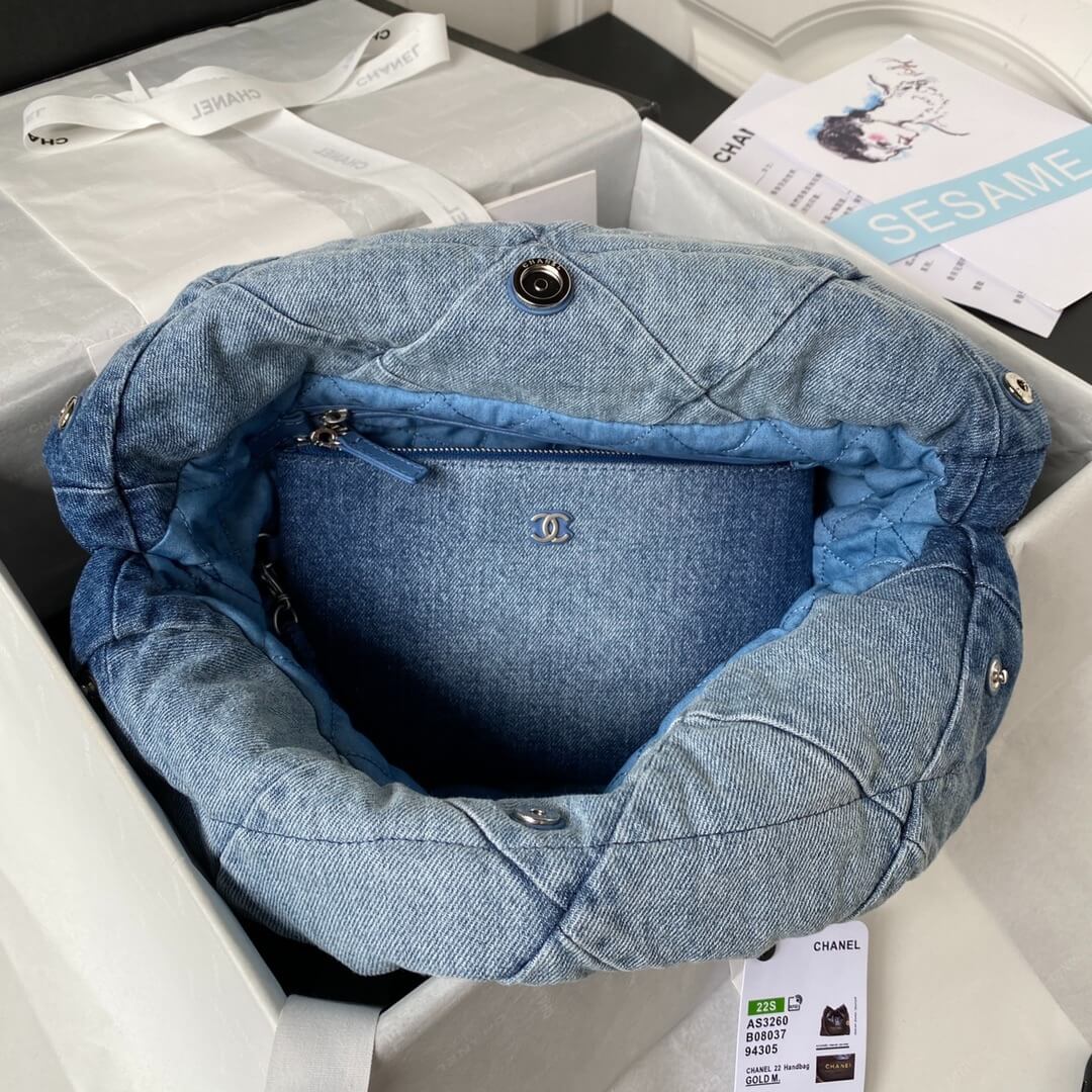 Chanel 22 Washed Denim Shoulder HandBag Blue - Image 3