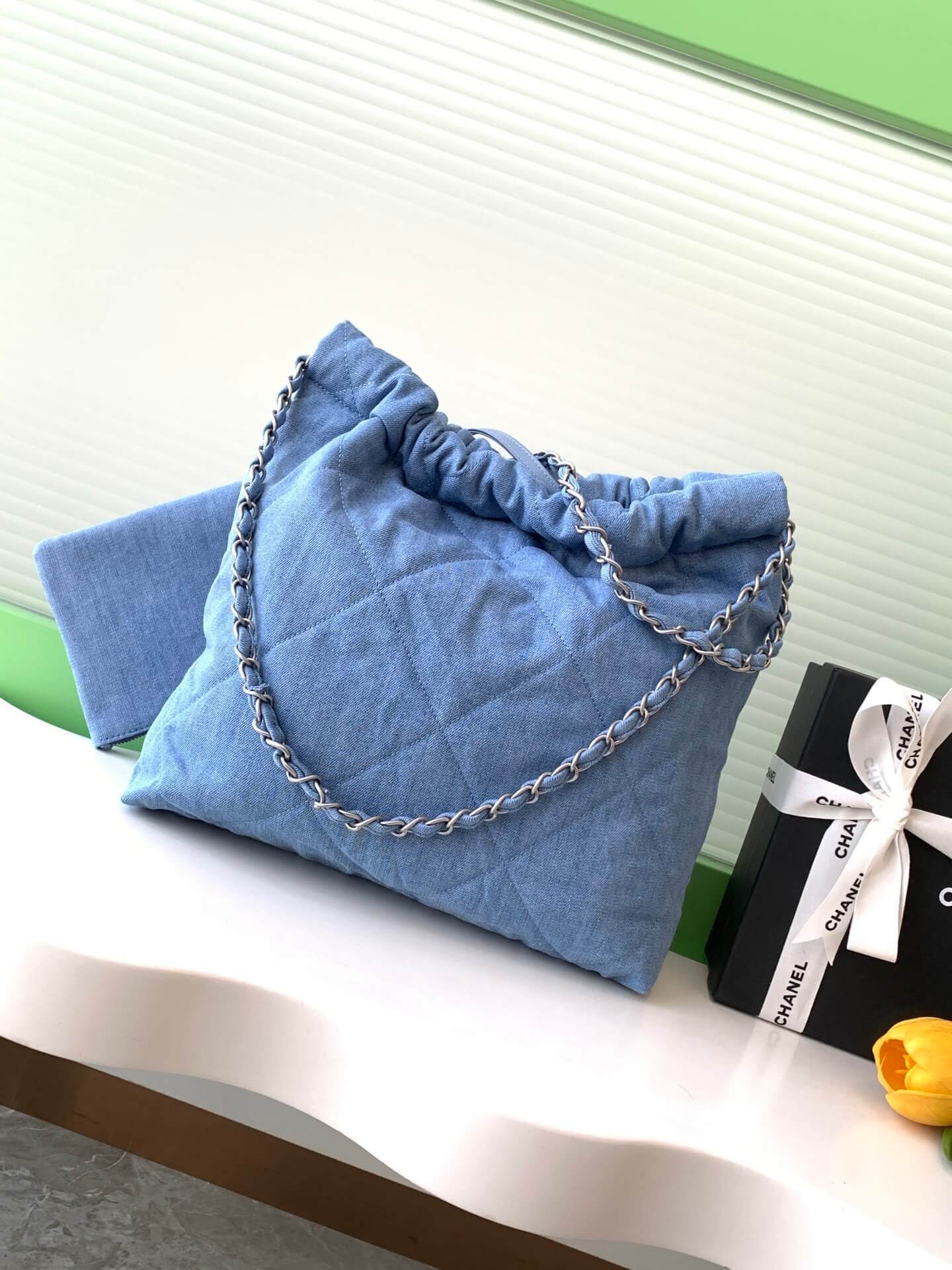 Chanel 22 Washed Denim Shoulder Handbag Blue - Image 11