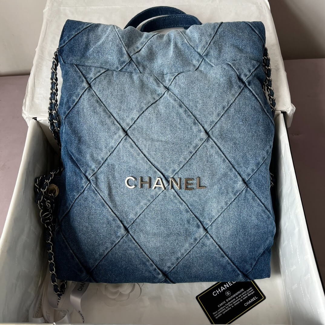 Chanel 22 Washed denim Backpack Bag Blue