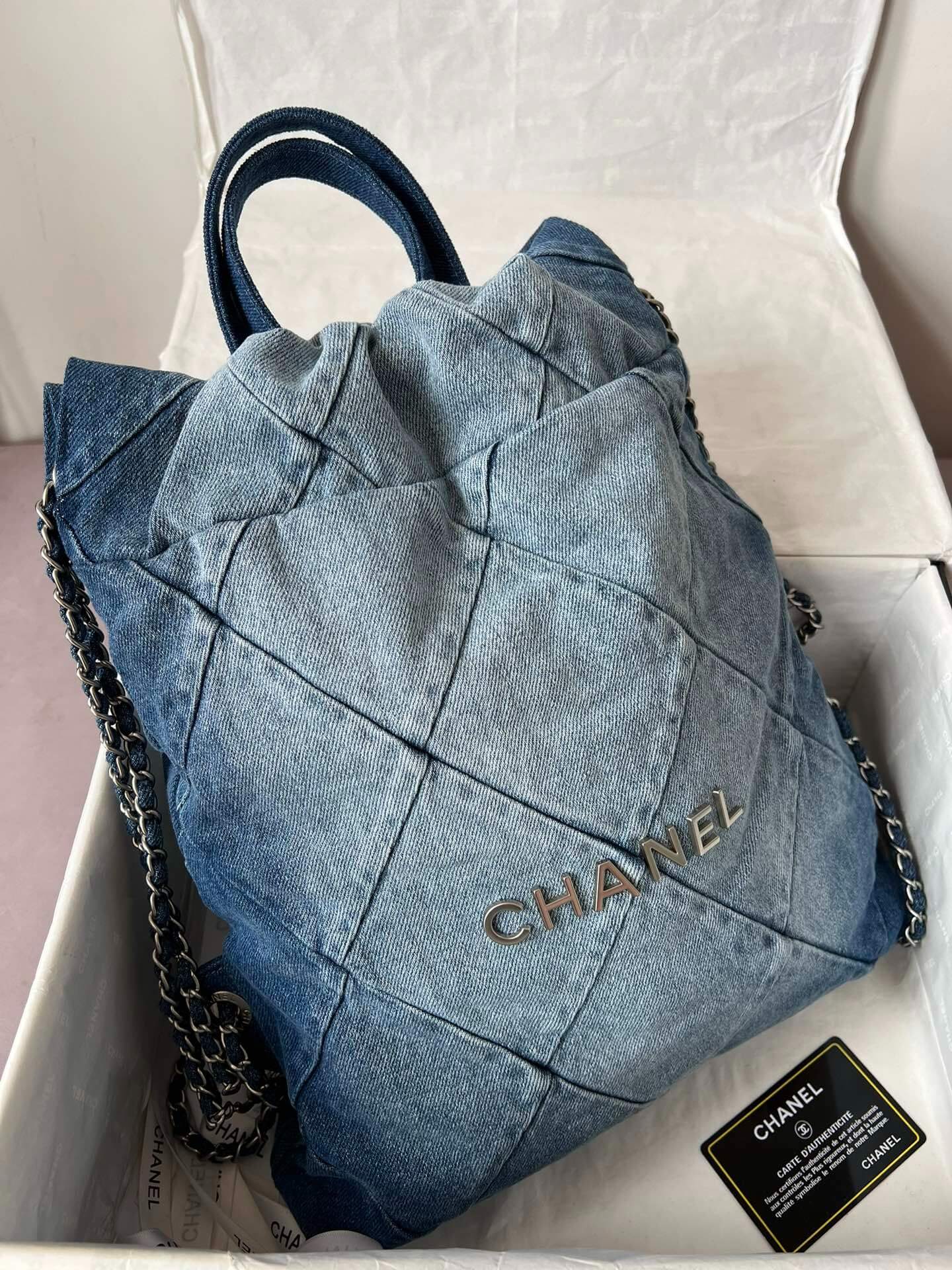 Chanel 22 Washed denim Backpack Bag Blue - Image 9