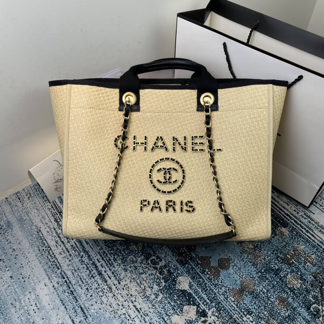 Chanel Caviar Tote Shopping Shoulder HandBag Beige/Black - Black