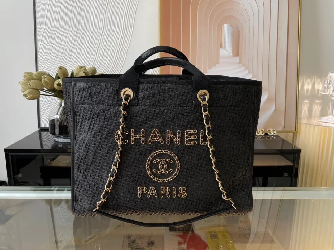 Chanel Caviar Tote Shopping Shoulder HandBag Beige/Black - Black - Image 9
