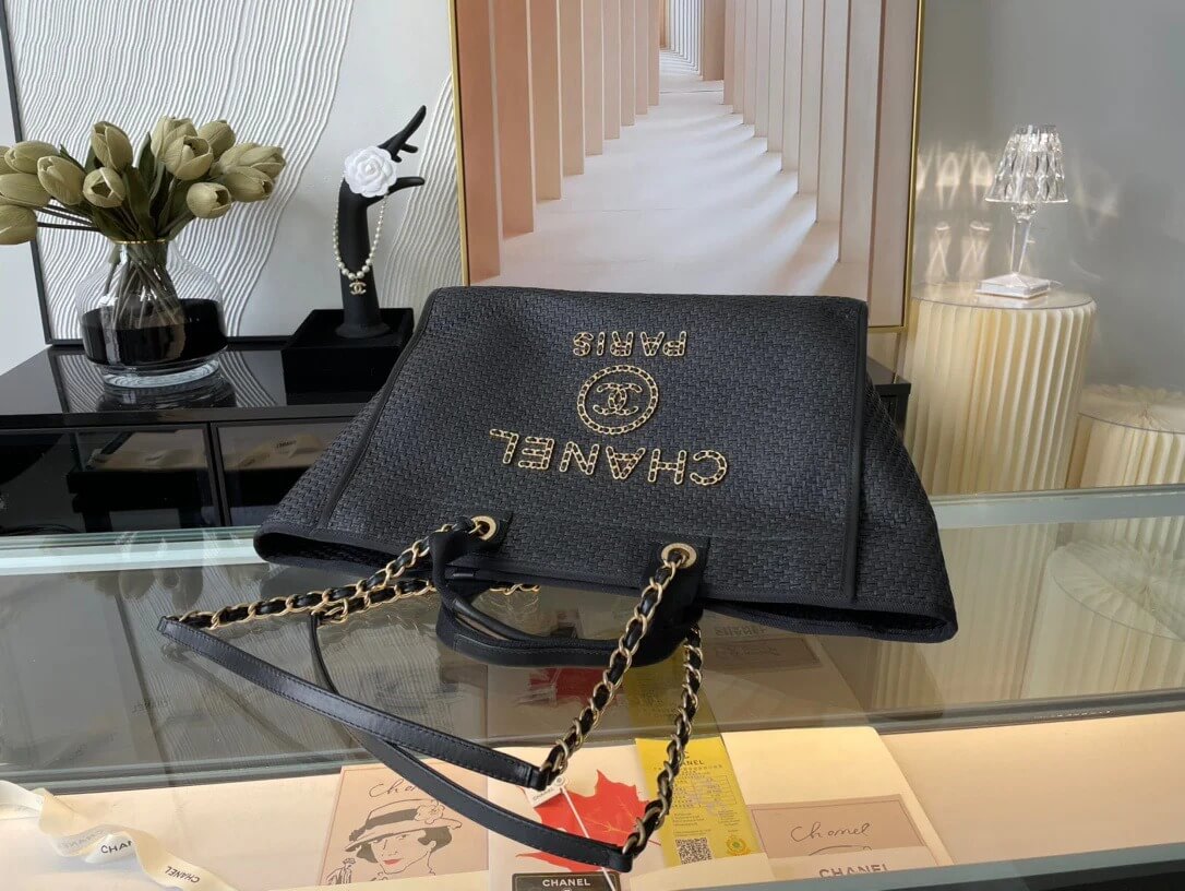 Chanel Caviar Tote Shopping Shoulder HandBag Beige/Black - Black - Image 16