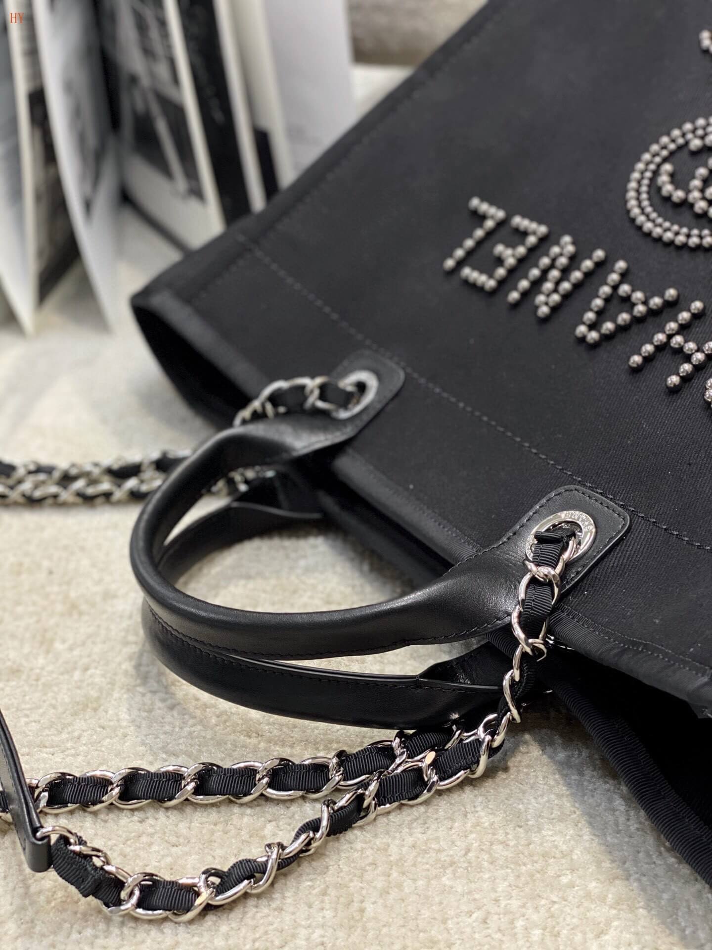 Chanel Deauville Tote 38 Shopping Shoulder HandBag Light Beige/Camel Tan - Black - Image 14