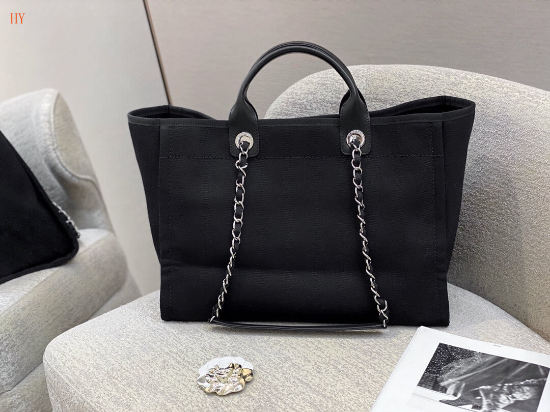 Chanel Deauville Tote 38 Shopping Shoulder HandBag Light Beige/Camel Tan - Black - Image 10