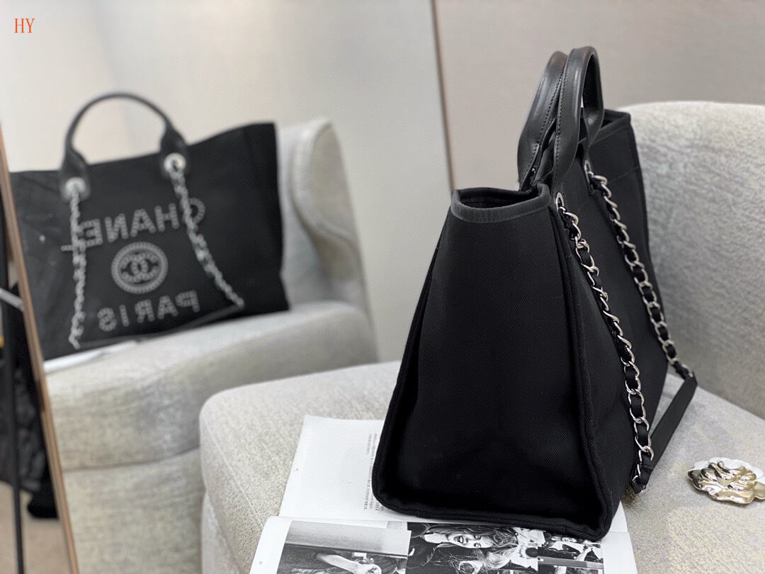 Chanel Deauville Tote 38 Shopping Shoulder HandBag Light Beige/Camel Tan - Black - Image 16