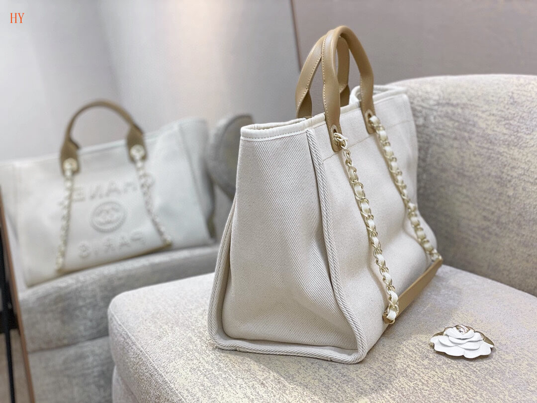 Chanel Deauville Tote 38 Shopping Shoulder HandBag Light Beige/Camel Tan - Black - Image 4