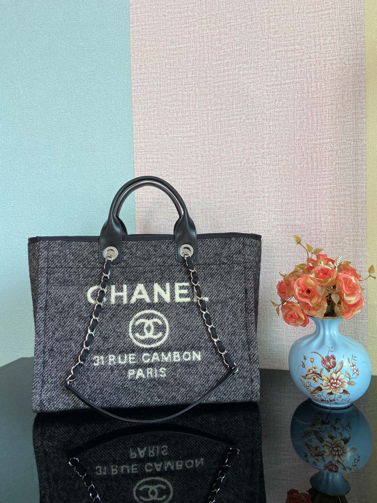 Chanel Deauville Tote 50 Denim Canvas Shoulder HandBag Velvet Blue - Velvet Green - Velvet Red - Velvet Cream White - Velvet Black - Image 45