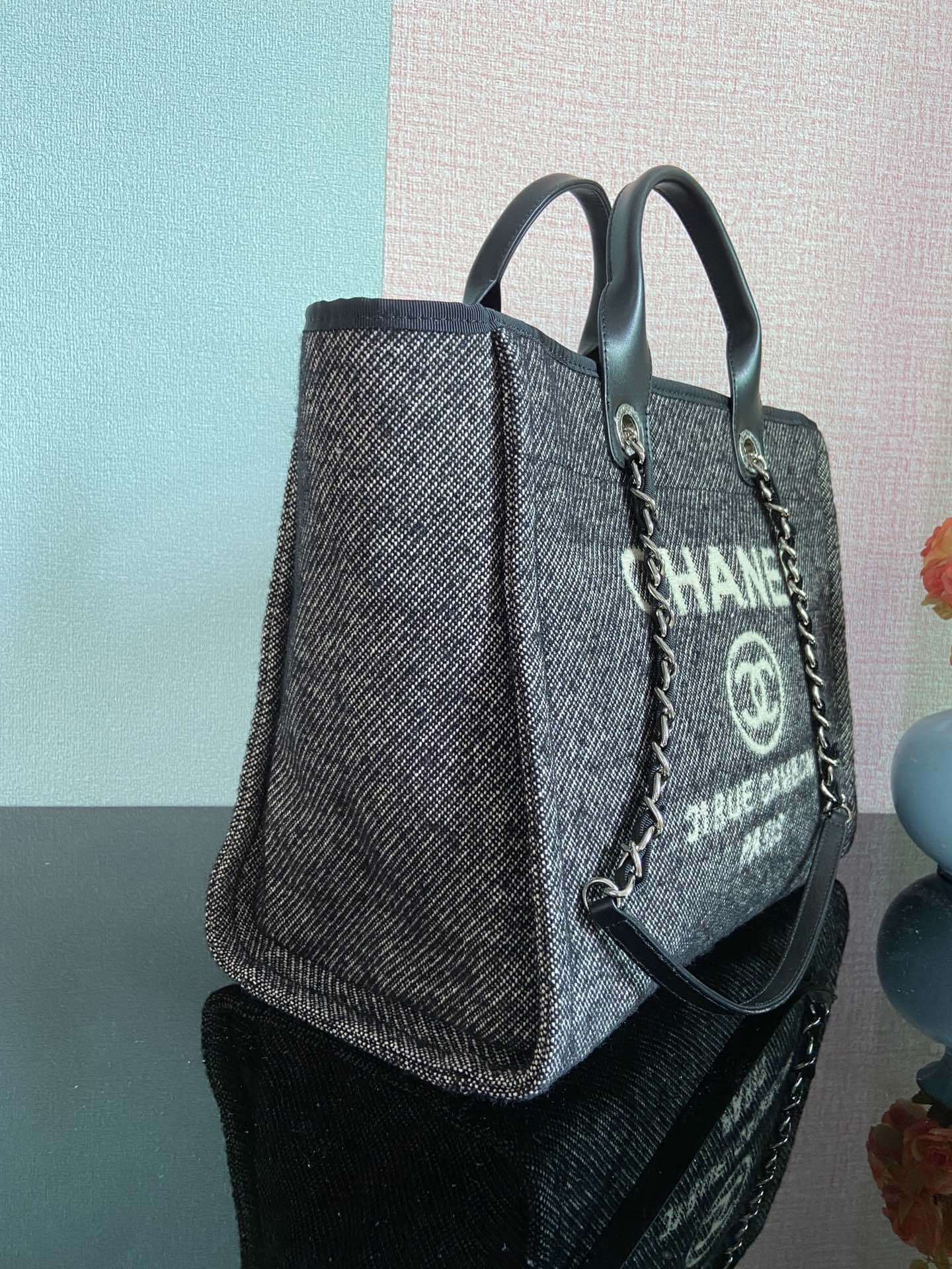 Chanel Deauville Tote 50 Denim Canvas Shoulder HandBag Velvet Blue - Velvet Green - Velvet Red - Velvet Cream White - Velvet Black - Image 42