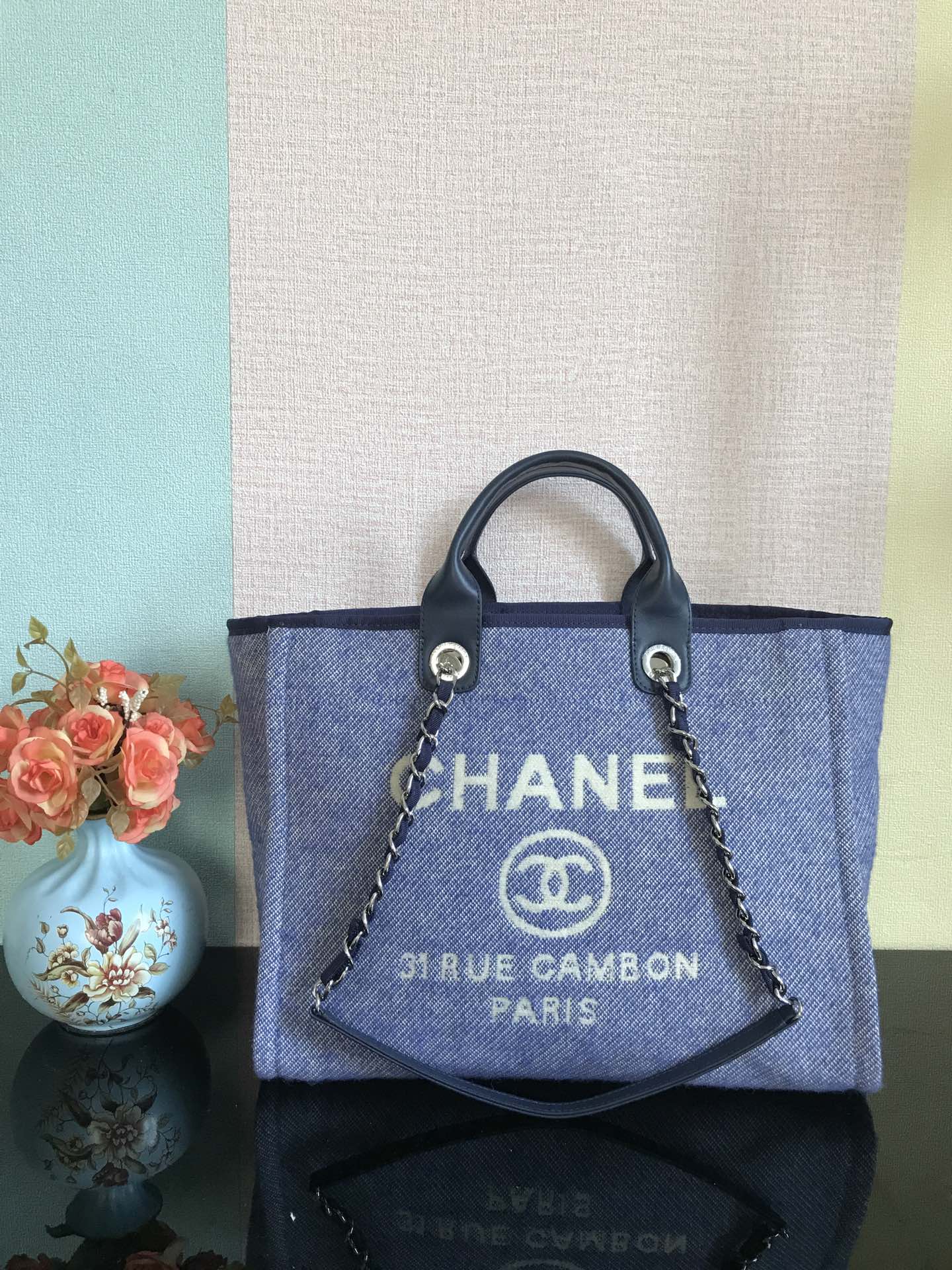 Chanel Deauville Tote 50 Denim Canvas Shoulder HandBag Velvet Blue - Velvet Green - Velvet Red - Velvet Cream White - Velvet Black