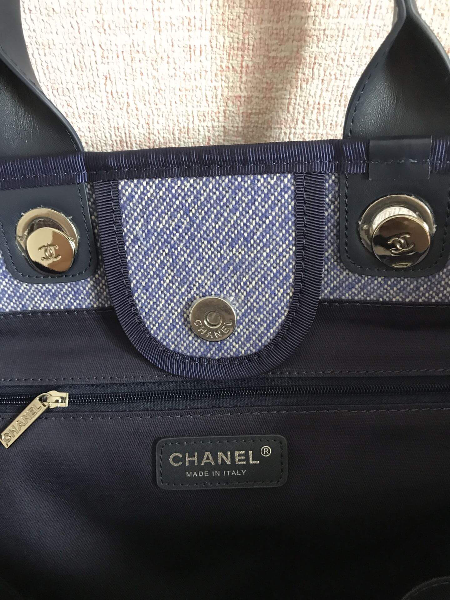 Chanel Deauville Tote 50 Denim Canvas Shoulder HandBag Velvet Blue - Velvet Green - Velvet Red - Velvet Cream White - Velvet Black - Image 4