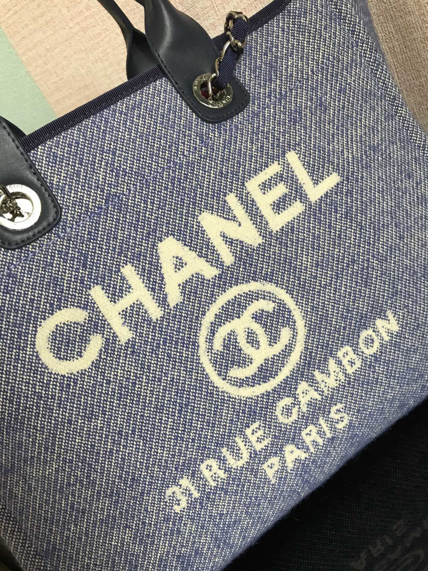 Chanel Deauville Tote 50 Denim Canvas Shoulder HandBag Velvet Blue - Velvet Green - Velvet Red - Velvet Cream White - Velvet Black - Image 8