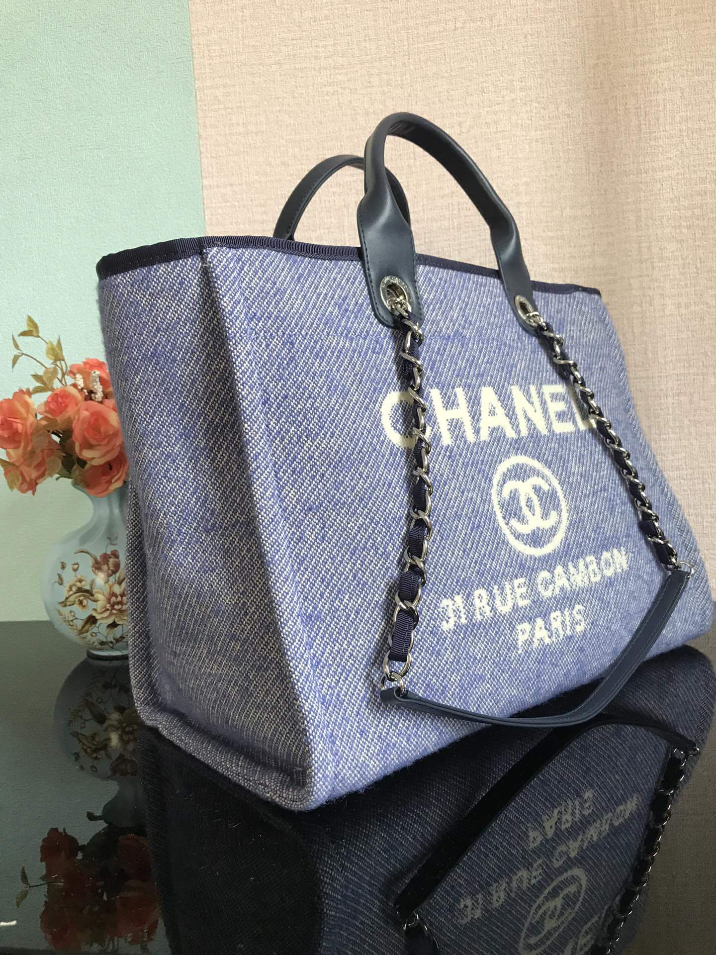 Chanel Deauville Tote 50 Denim Canvas Shoulder HandBag Velvet Blue - Velvet Green - Velvet Red - Velvet Cream White - Velvet Black - Image 7