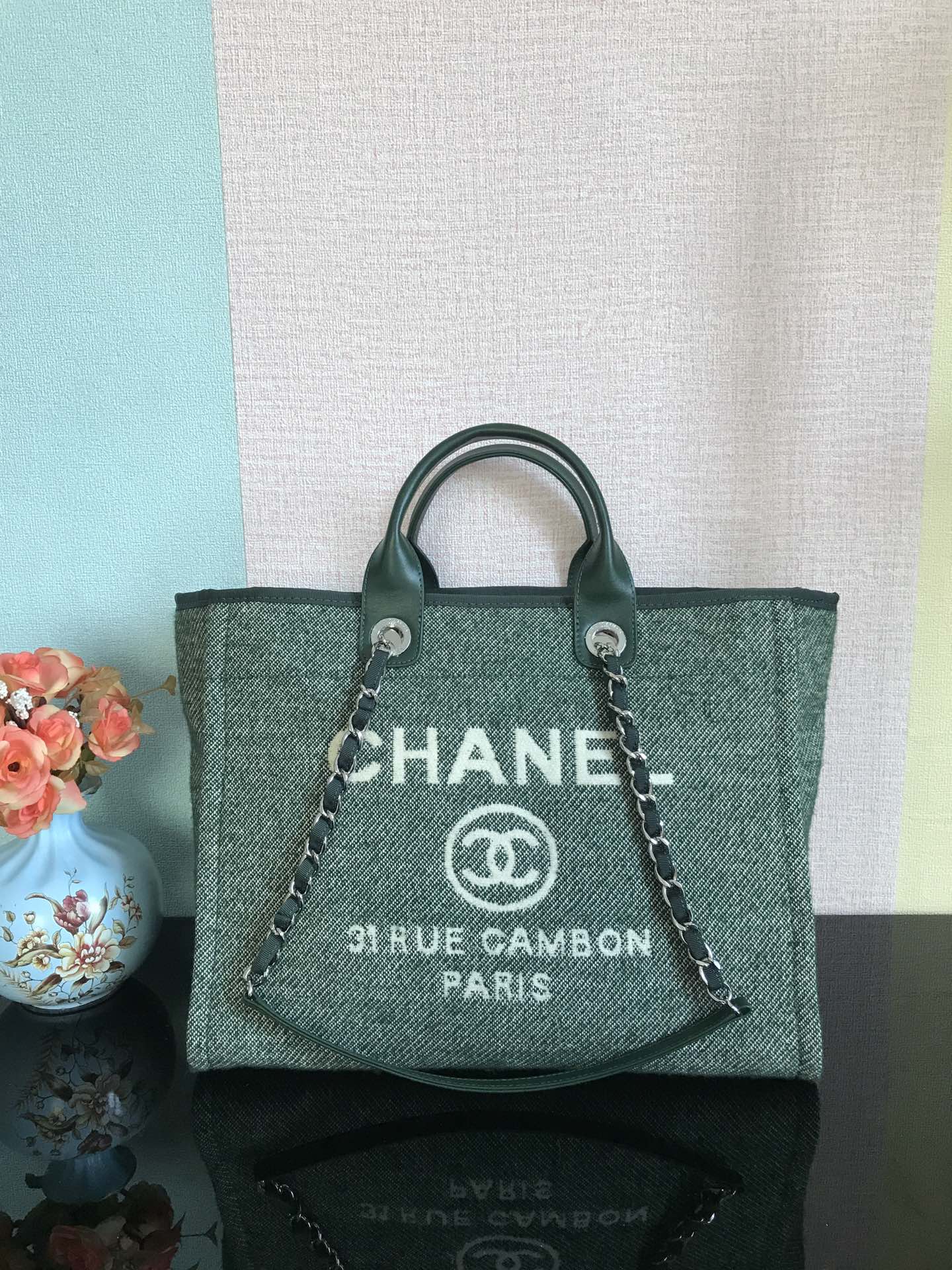 Chanel Deauville Tote 50 Denim Canvas Shoulder HandBag Velvet Blue - Velvet Green - Velvet Red - Velvet Cream White - Velvet Black - Image 10