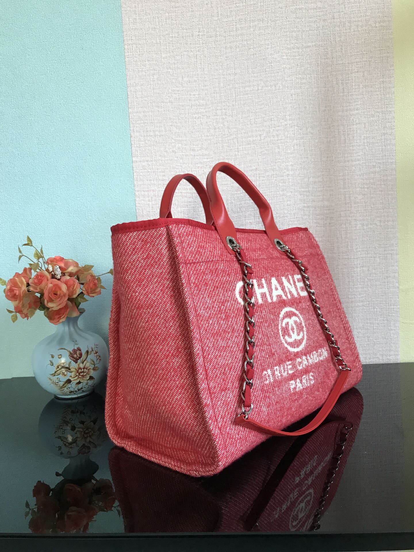 Chanel Deauville Tote 50 Denim Canvas Shoulder HandBag Velvet Blue - Velvet Green - Velvet Red - Velvet Cream White - Velvet Black - Image 25