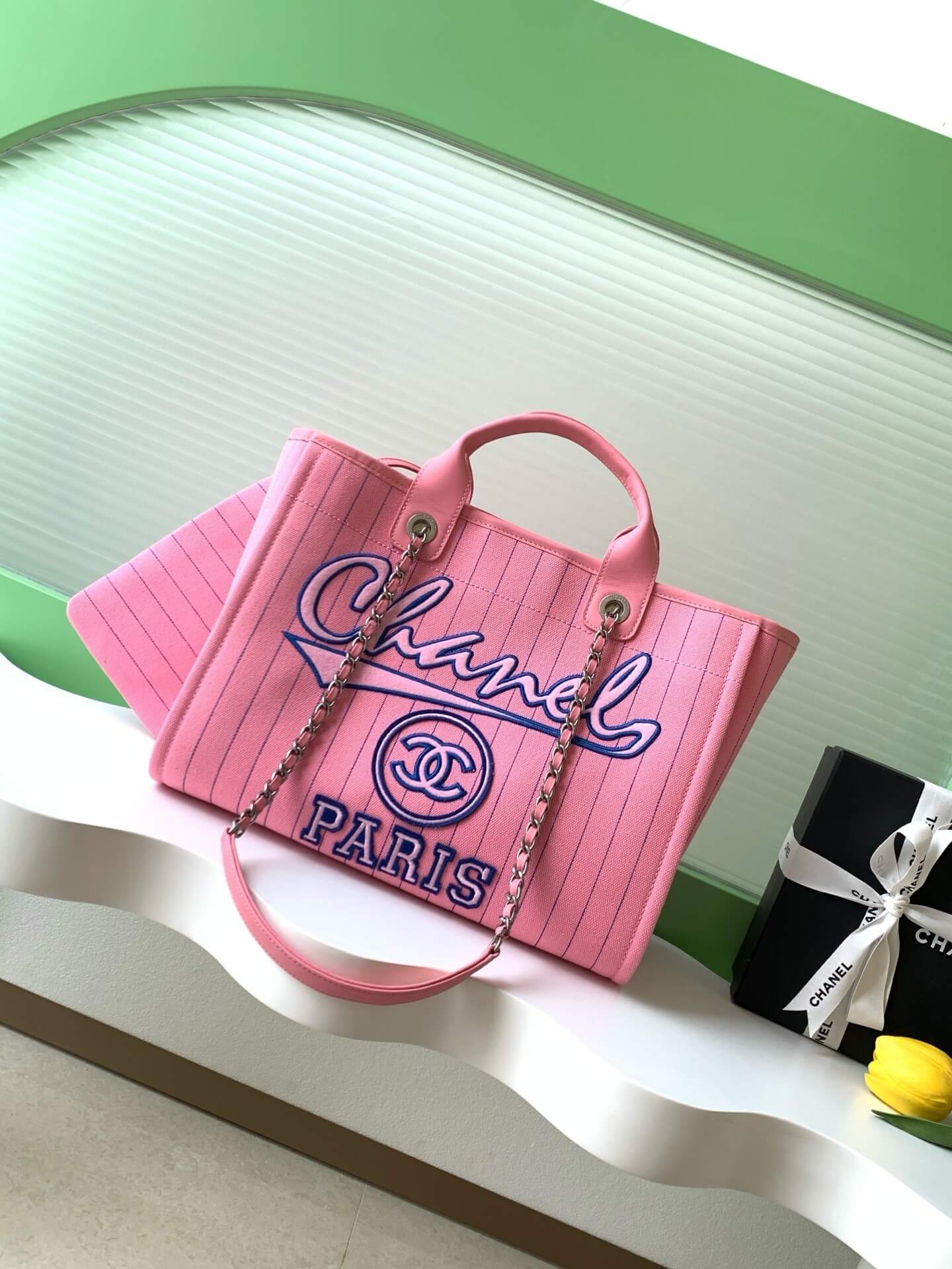 Chanel Deauville Tote Canvas Calfskin Medium - Large Shoulder HandBag Pink Blue - Blue - Black