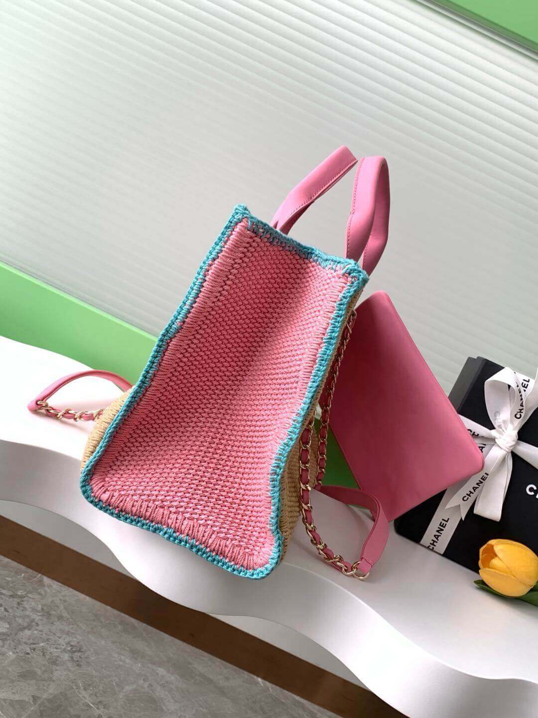 Chanel Deauville Tote Raffia Crochet Medium Shoulder Handbag Beige/Light Pink - Black - Image 5