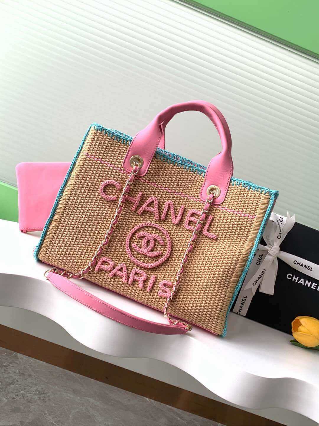 Chanel Deauville Tote Raffia Crochet Medium Shoulder Handbag Beige/Light Pink - Black