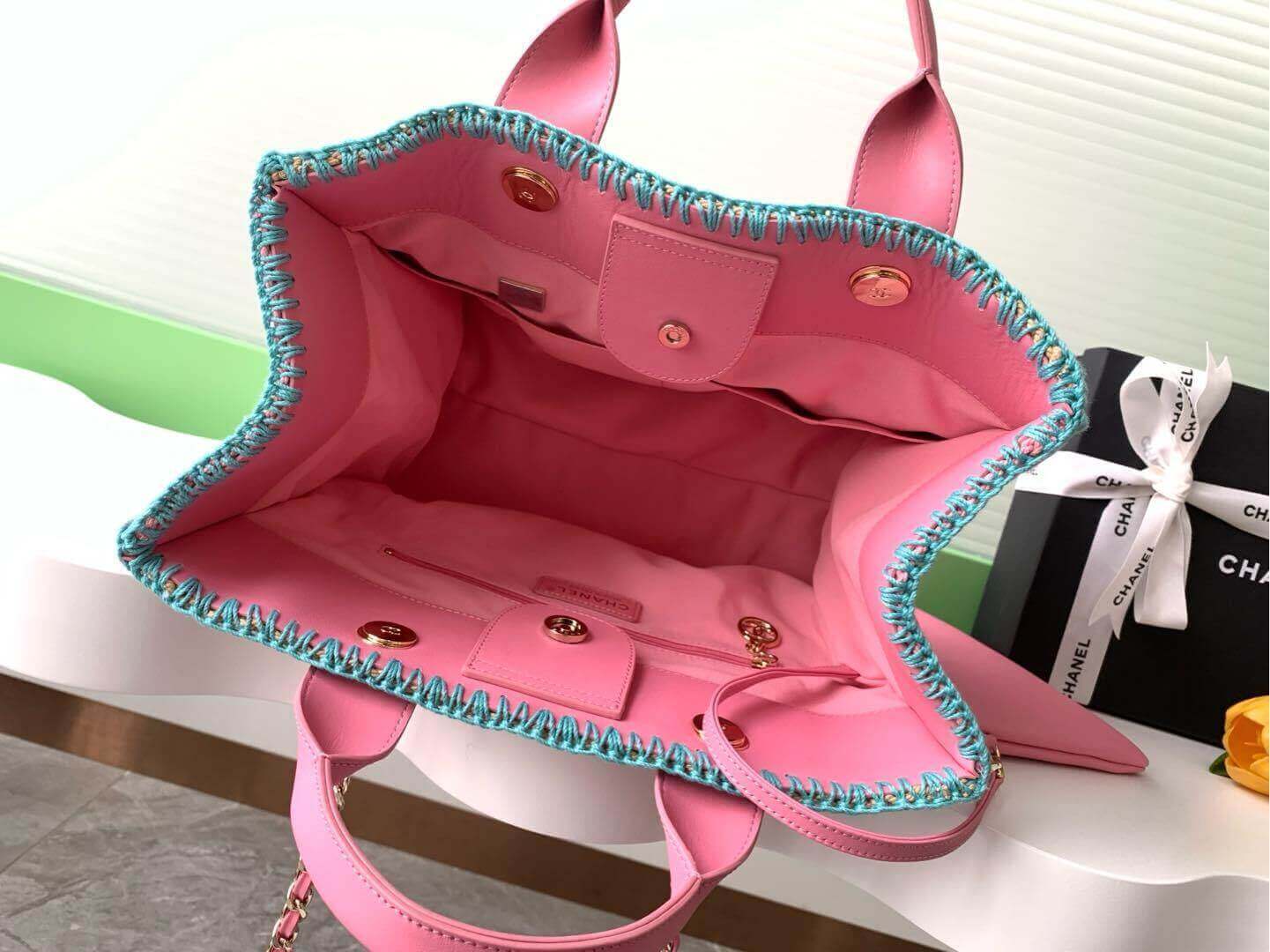 Chanel Deauville Tote Raffia Crochet Medium Shoulder Handbag Beige/Light Pink - Black - Image 3