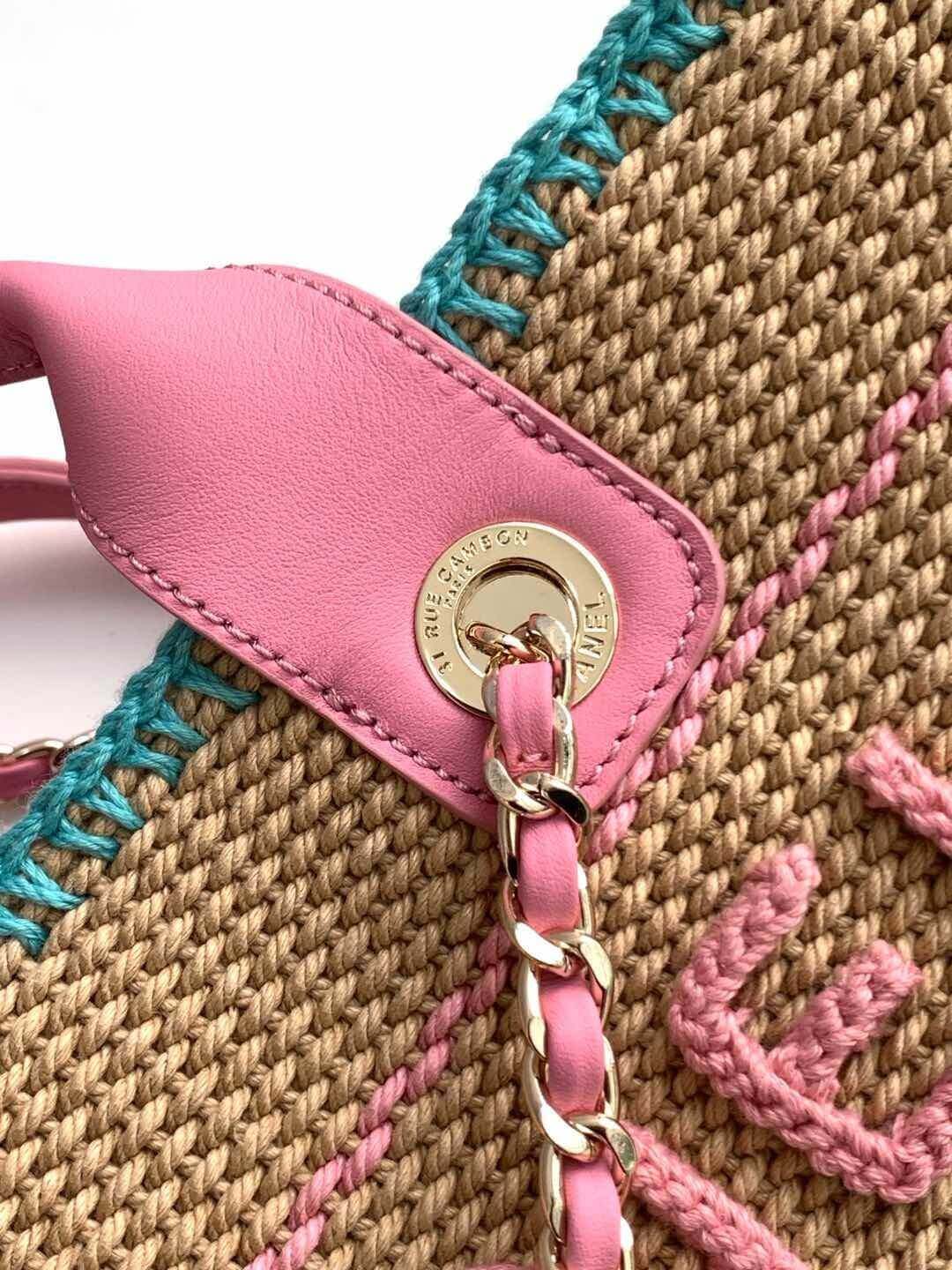 Chanel Deauville Tote Raffia Crochet Medium Shoulder Handbag Beige/Light Pink - Black - Image 8