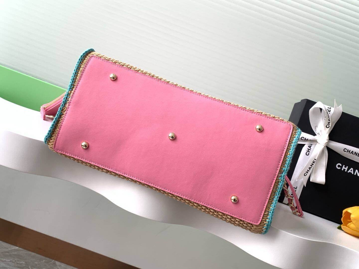 Chanel Deauville Tote Raffia Crochet Medium Shoulder Handbag Beige/Light Pink - Black - Image 9