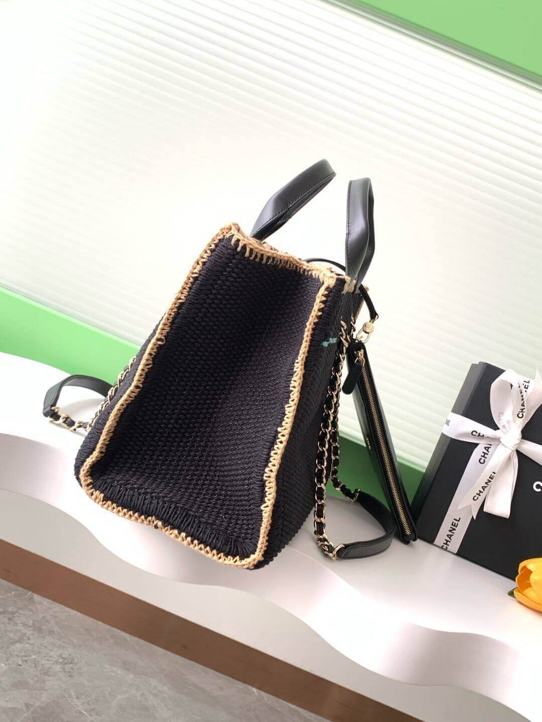 Chanel Deauville Tote Raffia Crochet Medium Shoulder Handbag Beige/Light Pink - Black - Image 14