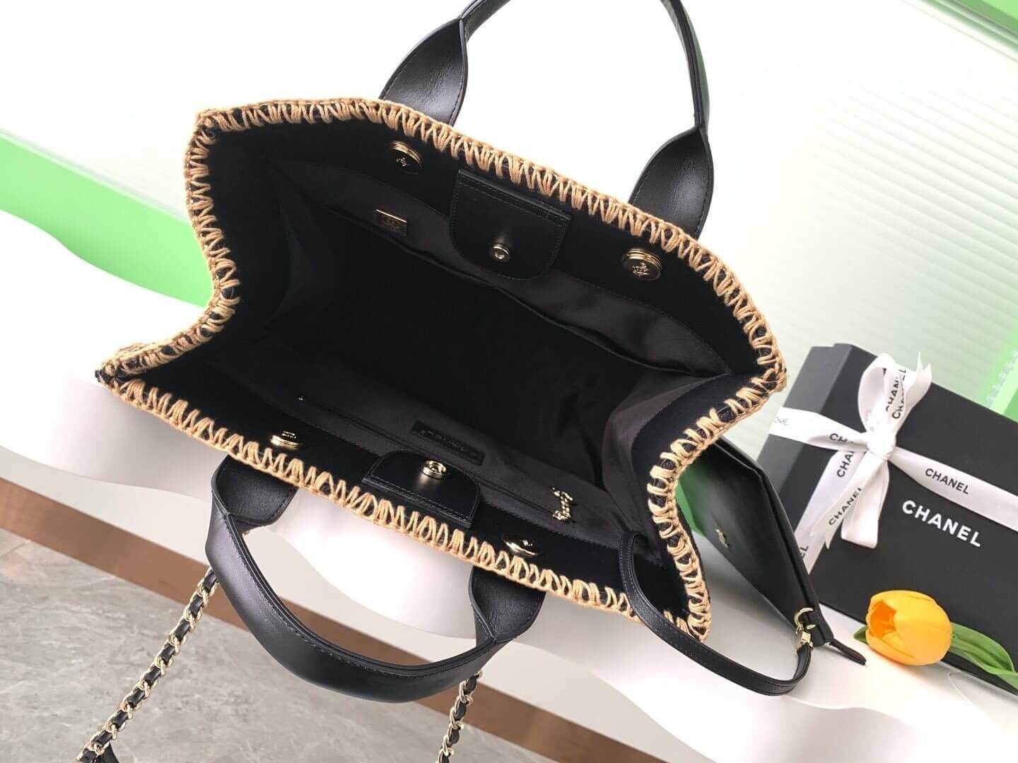 Chanel Deauville Tote Raffia Crochet Medium Shoulder Handbag Beige/Light Pink - Black - Image 12