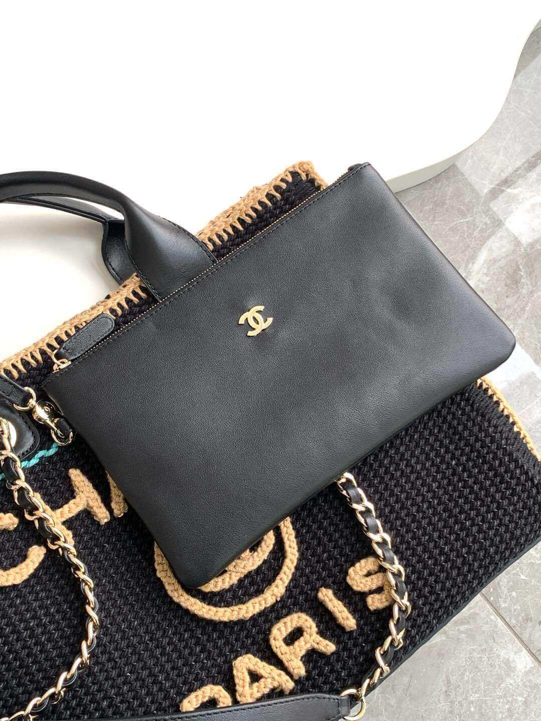 Chanel Deauville Tote Raffia Crochet Medium Shoulder Handbag Beige/Light Pink - Black - Image 17