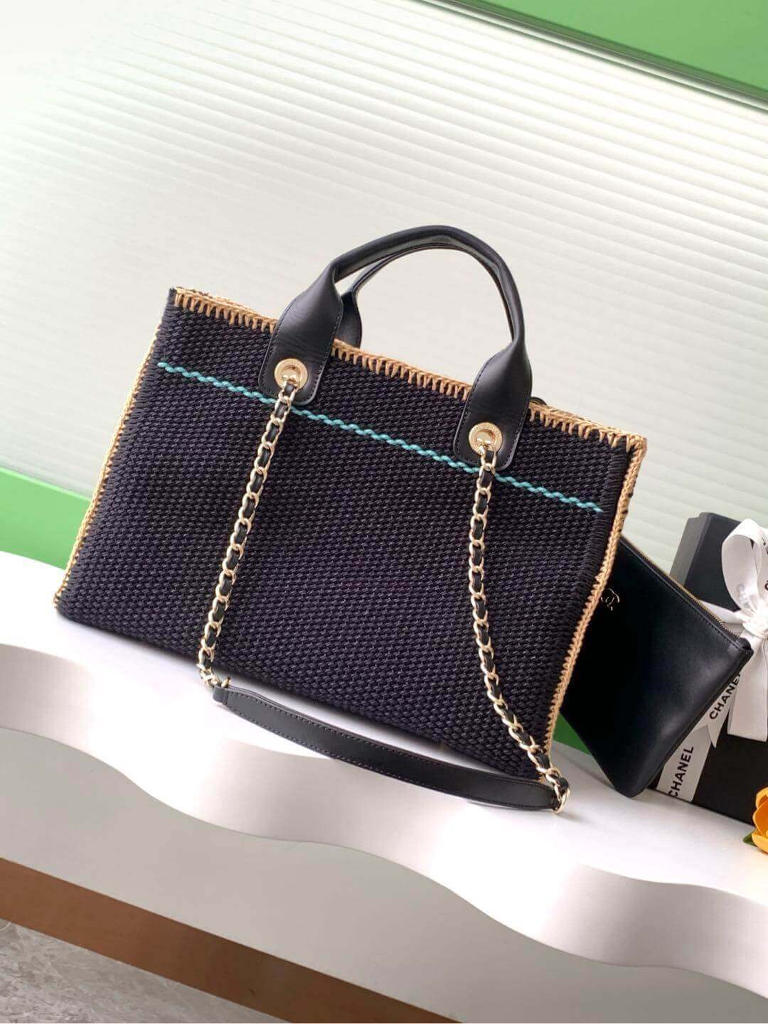 Chanel Deauville Tote Raffia Crochet Medium Shoulder Handbag Beige/Light Pink - Black - Image 11