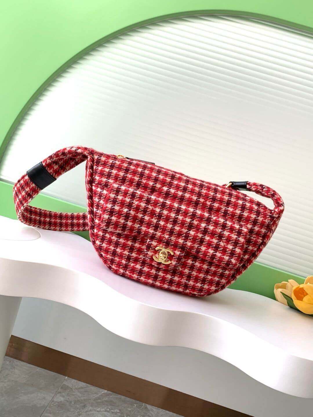 Chanel 24N Half-Moon Tweed & Gold Metal Red, Pink & Black & calfskin trim on the strap Crossbody Bag