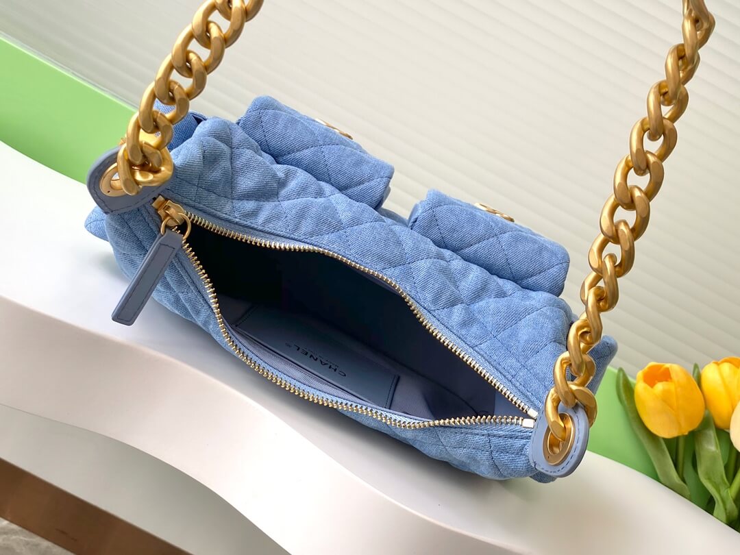 Chanel 25 Hobo Washed Denim with Aged Gold Hardware Small - Medium Shoulder Bag Blue - Image 3