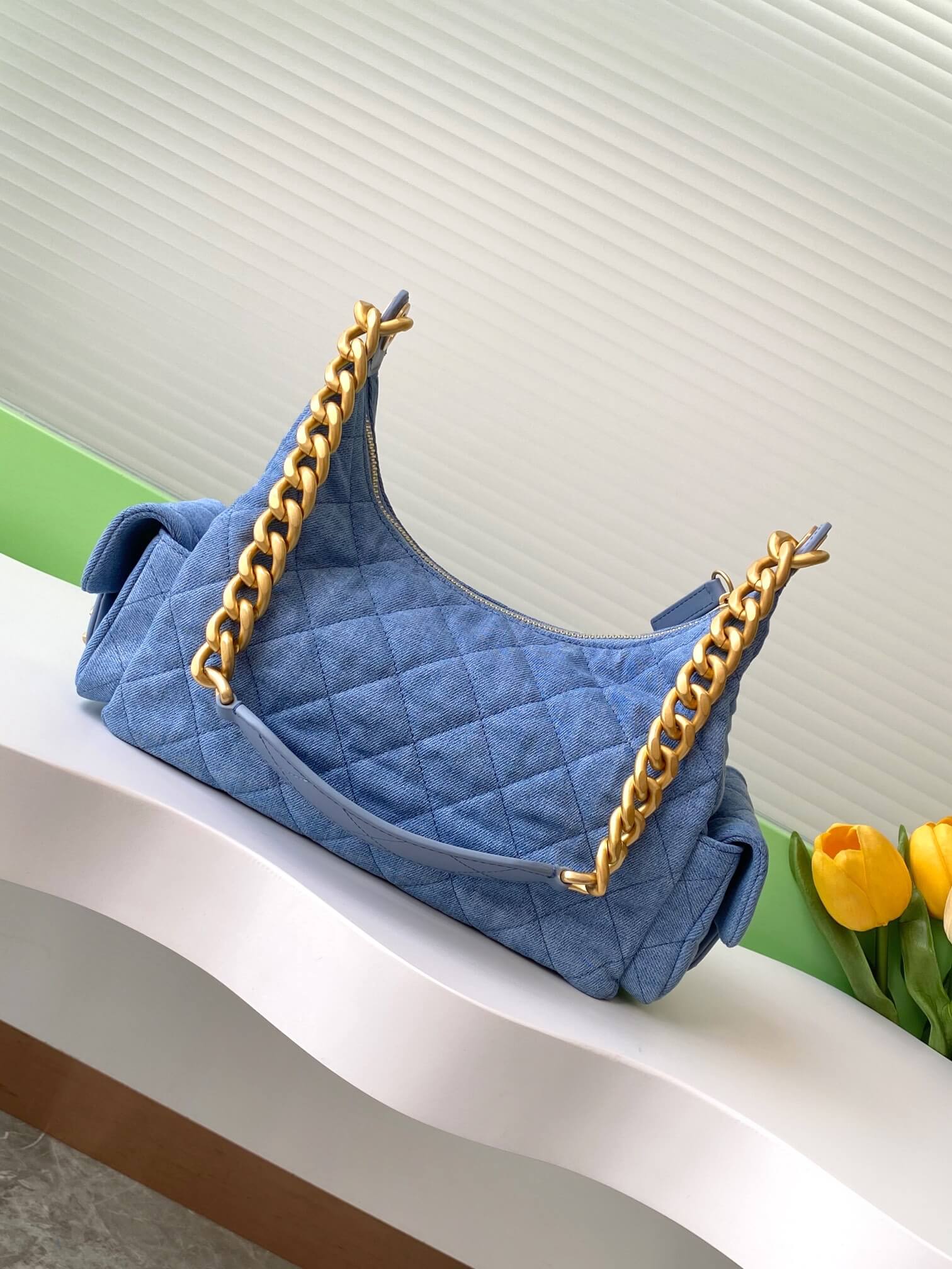 Chanel 25 Hobo Washed Denim with Aged Gold Hardware Small - Medium Shoulder Bag Blue - Image 2