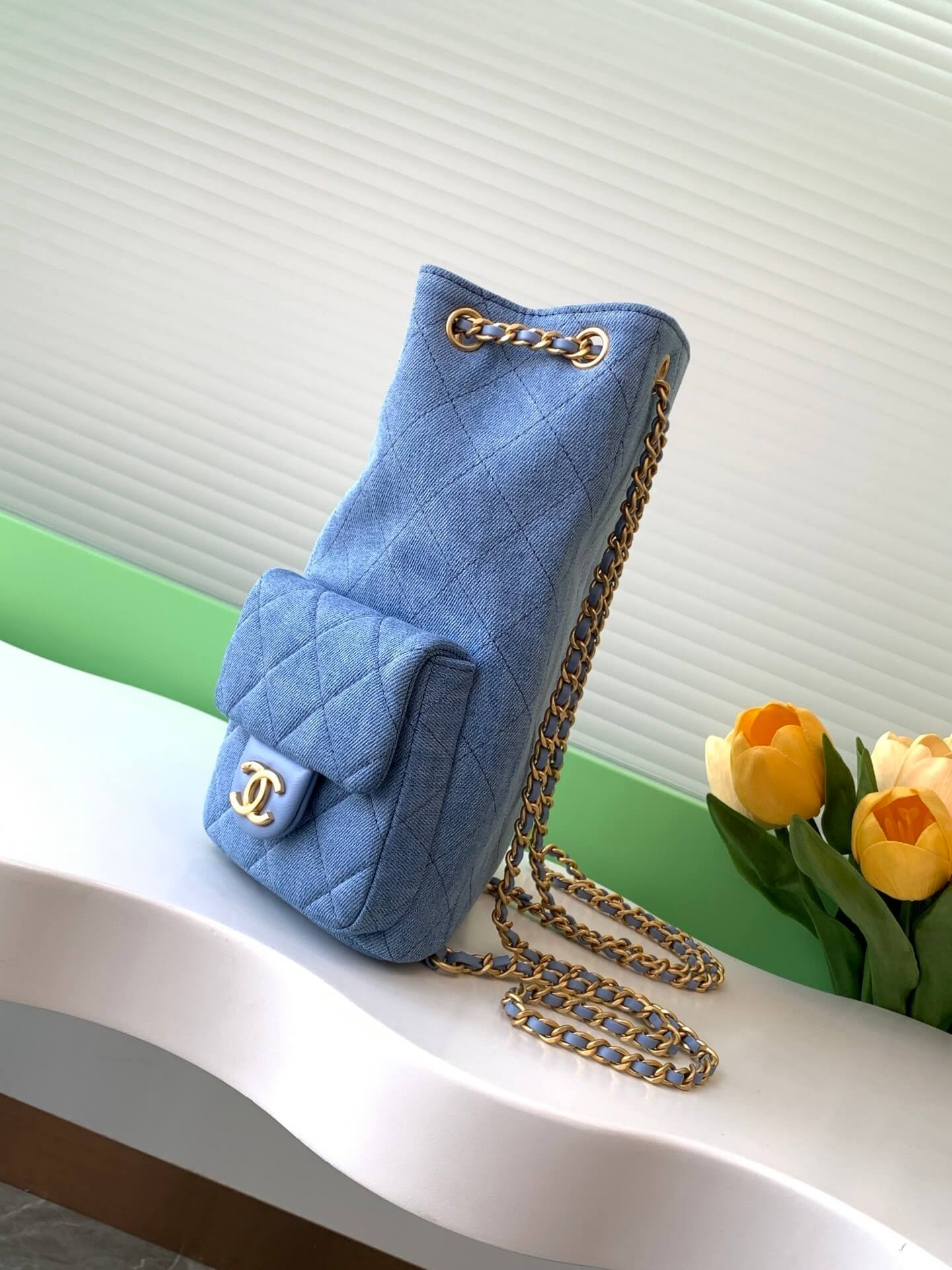 Chanel 25 Medium Backpack Bag Denim Chain Shoulder Straps - Image 3