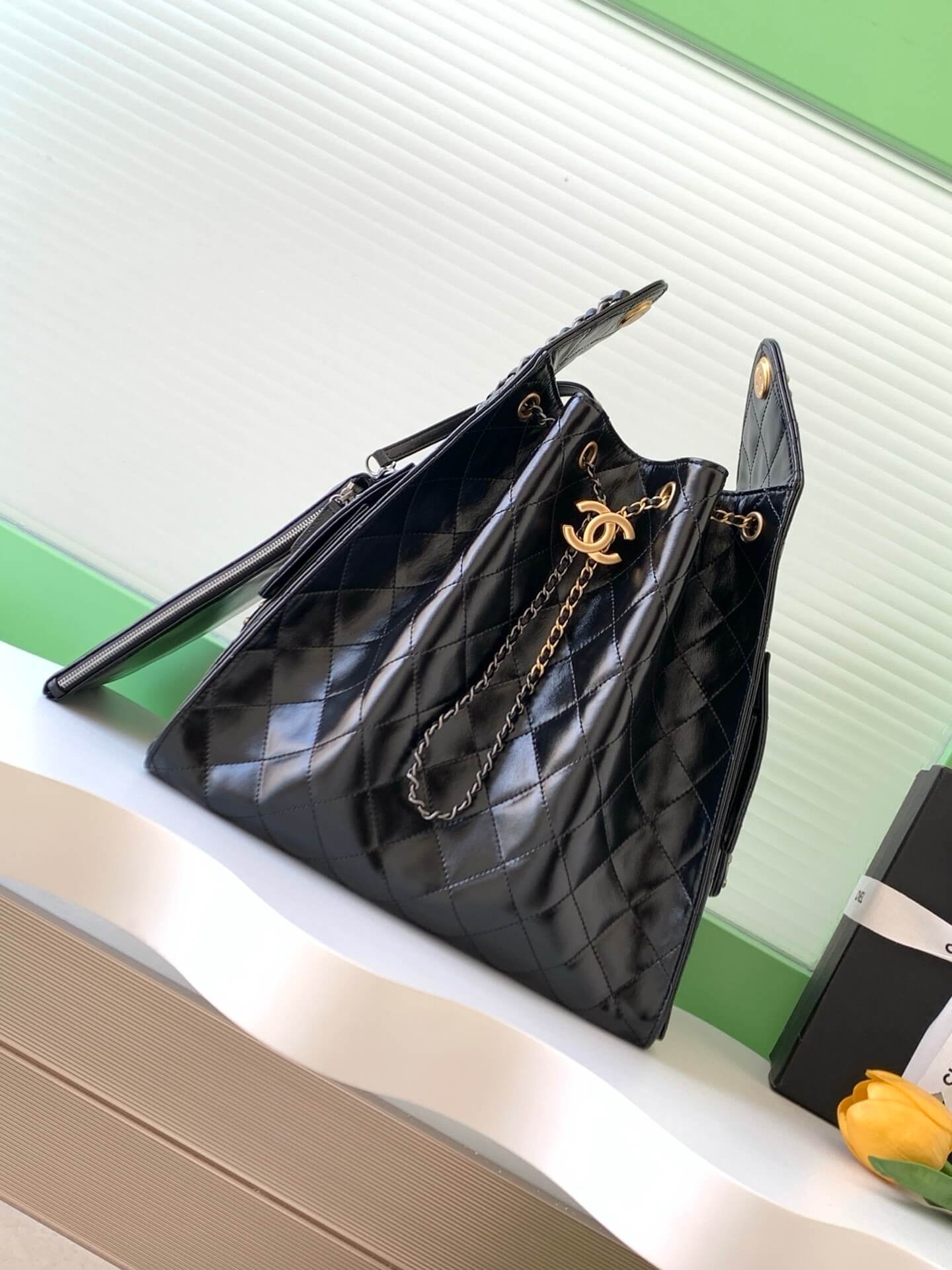 Chanel 25 Small - Medium Shoulder Handbag Shiny Crumpled Calfskin, Gold/Silver-Tone & Ruthenium-Finish Metal Black